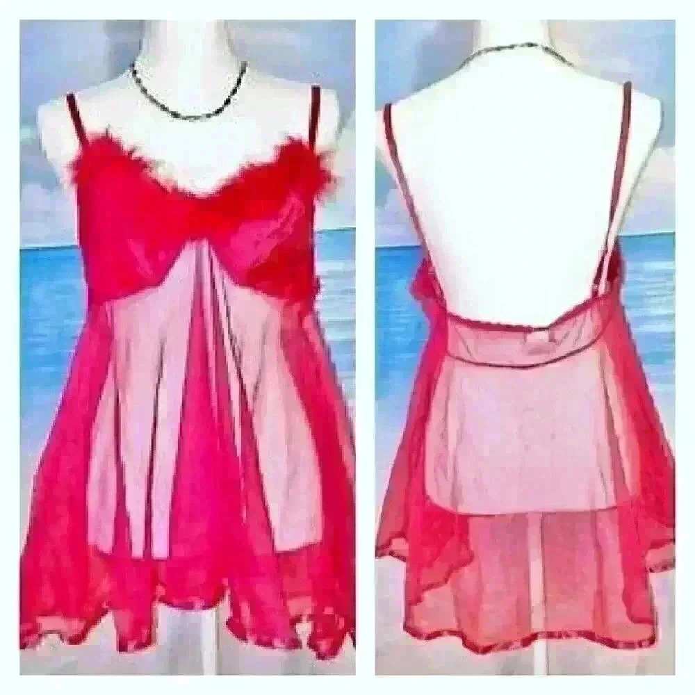 PRISCILLA'S COLLECTION Womans VINTAGE SEXY 2 pc RED SHEER BABY DOLL PJ's size Lg